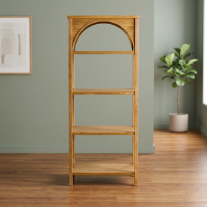 Japandi Teak Wood <b>Open</b> Bookcase with Modern Arched Accent Top Frame - Product Image 4