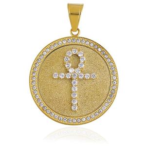 Collar con Colgante Amuleto Ankh Egipcio, Joyería Brillante de Circonita Cúbica con Diamantes, Cadena de Acero Inoxidable con Moneda Redonda - Product Image 5