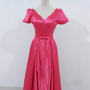 White Satin V-Neck A-Line Wedding Dress With Drawstring Pocket Natural Waistline Off-White And Wine Red X030 - Product Image 3