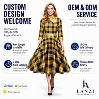 Robe midi évasée en coton à carreaux écossais personnalisée pour femme, col à nœud papillon, fabricant de marque privée