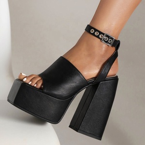 Sandalias de tacón alto con plataforma y tacón grueso para mujer, con correa de tobillo y punta cuadrada abierta, color liso, sexys para exteriores - Product Image 1