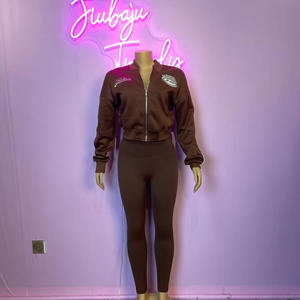 Setelan 2 Pcs Wanita Jaket Crop Bordir Ritsleting Lengan Panjang dan Celana Outfit Kasual Tracksuit - Product Image 3