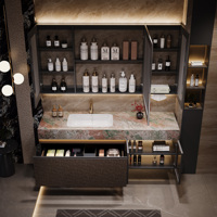 Mueble de Baño Flotante de Lujo para Hotel, Madera Sólida Natural, Encimera de Piedra Sinterizada, Lavabo Integrado, Botiquín con Luz LED
