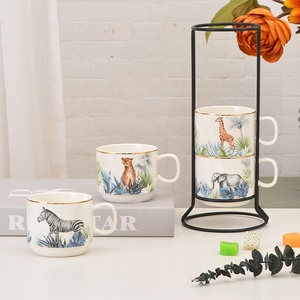 Thân thiện với môi 7 Oz <span class=keywords><strong>Espresso</strong></span> cà phê xếp chồng Ly Gốm Bộ 4 ly cho quán cà phê Stackable thẳng Mug với kim loại đứng - Product Image 1