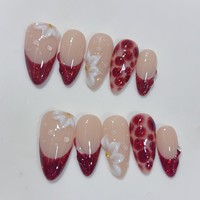 Ongles français en amande avec fleurs 3D faites à la main, 10 pièces, rouge profond, paillettes, imprimé léopard, ensembles d'ongles en forme de goutte d'eau avec pointes d'ongles