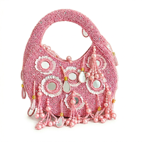 Sac à main demi-lune rose perlé pour femme, style bohème, avec miroir décoratif, idéal pour les fêtes et mariages