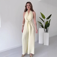 Combinaison slim sans manches à col en V avec ceinture, pantalon long taille haute, style professionnel, en fibre, pour femme