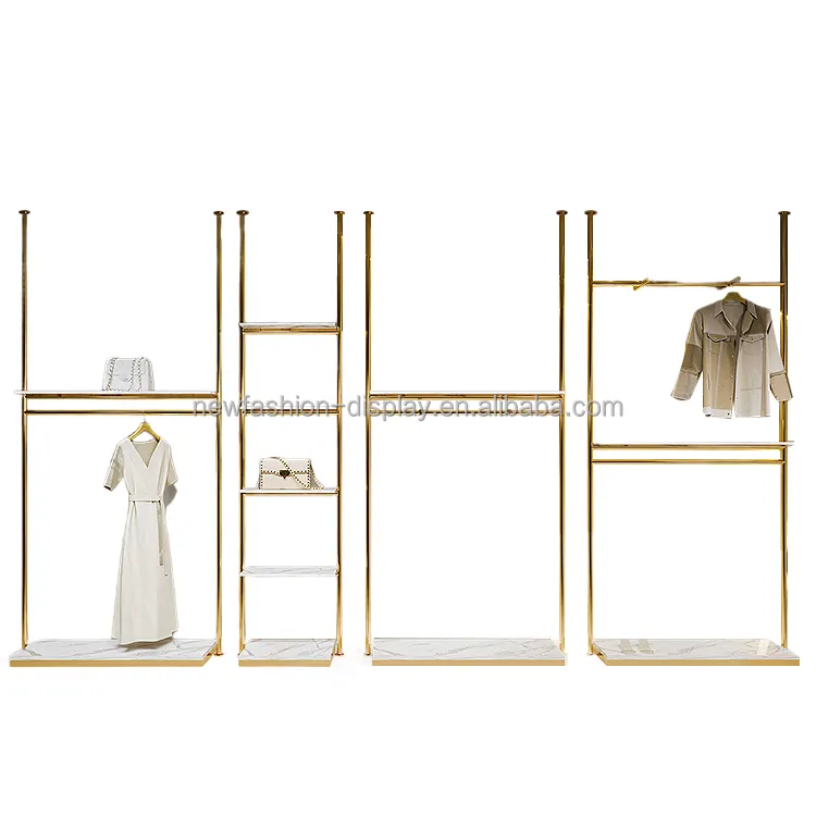 Estante de soporte de ropa de Metal de alta calidad, estante de exhibición de ropa, estantes dorados de acero inoxidable de lujo para tienda de ropa Boutique
