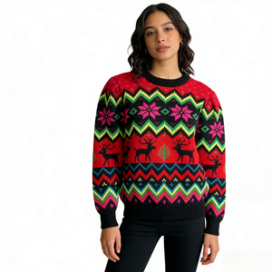 Red and Black <strong>Christmas</strong> Sweater <strong>Women</strong> Nordic Reindeer Fair Isle Knitted Pullover Wholesale OEM Factory Custom <strong>Jumper</strong> - Product Image 3