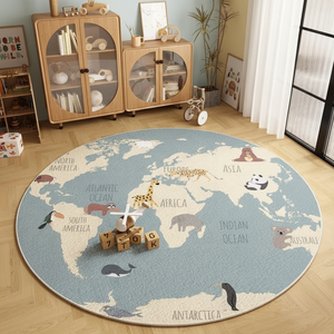 Alfombra Redonda Decorativa para el Hogar, Diseño de <span class=keywords><strong>Mapa</strong></span> del Mundo con Animales de Dibujos Animados, Alfombra Escandinava Antideslizante con <span class=keywords><strong>Mapa</strong></span> del Mundo, Alfombra Gruesa con Estampado - Product Image 2