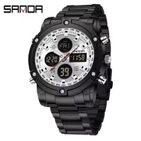 SANDA 3394 Multifunktionale digitale Business-Armbanduhr, minimalistische Countdown-Leuchtuhr mit drei Zeitzonen, Sportuhr