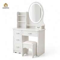 Ensemble coiffeuse moderne européenne blanche HarmTai avec miroir LED annulaire, meuble de rangement multifonction et tabouret inclus pour chambre à coucher