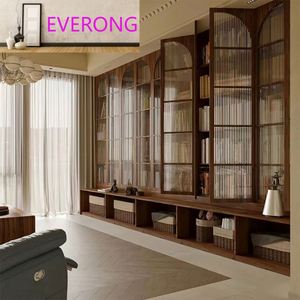 Librería de Madera de Nogal Negro para Sala de Estar, Integrada en Toda la Pared, con Asiento y Sofá Detrás de la Librería, con Puerta - Product Image 6