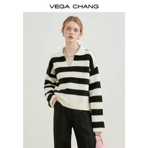 VEGA CHANG Siyah Beyaz Çizgili Vintage Preppy Tarzı Sonbahar Yeni Bol Premium Polo Yaka Kazak Preppy Çizgili Kazak - Product Image 3