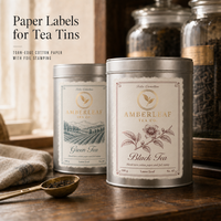 Étiquettes en papier faites à la main personnalisées avec estampage à chaud doré pour l'emballage des boîtes de thé, texture naturelle, bord déchiré