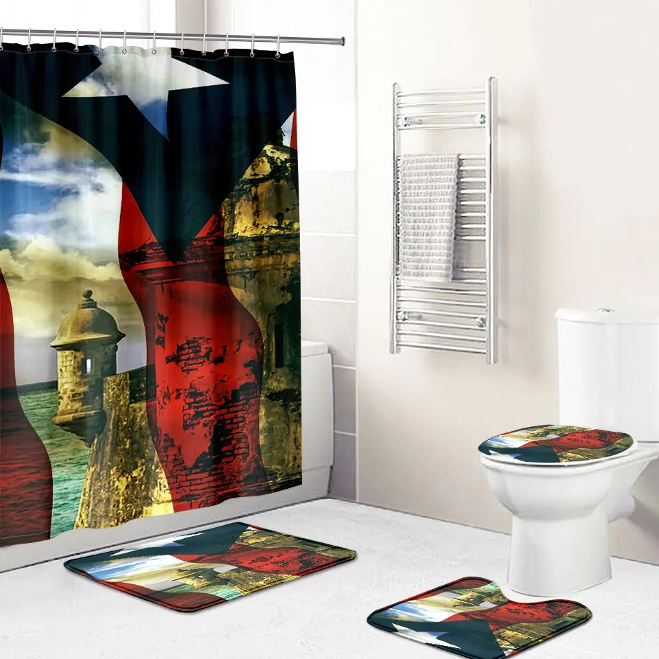 Customized 4 Piece Shower Curtain Sets, Puerto Rico Flag Style Rooster on Wood Plank Background Include Non-Slip Rug