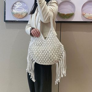 Sac fourre-tout en tissu de coton tissé style bohème rétro pour femme, grande capacité, tendance, décontracté, avec pompons <span class=keywords><strong>et</strong></span> découpes, idéal pour l'été - Product Image 3