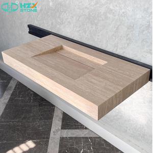 HZX Premium Beige <strong>Travertine</strong> Marble Stone for Bathroom Vanity Sink with Vessel Basin Modern Freestanding - Product Image 3