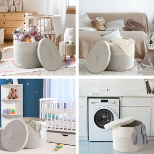 Panier à linge tressé en corde, grand format, moderne, écologique, personnalisable, avec couvercle et poignées, pour couvertures et jouets de bébé - Vente en gros - Product Image 3