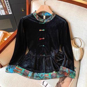 Chinese Style Stand-Up Collar Velvet Cardigan Women Long Sleeve Splicing Color Blocking Chinoiserie Top Spring Autumn Fashion - Product Image 1