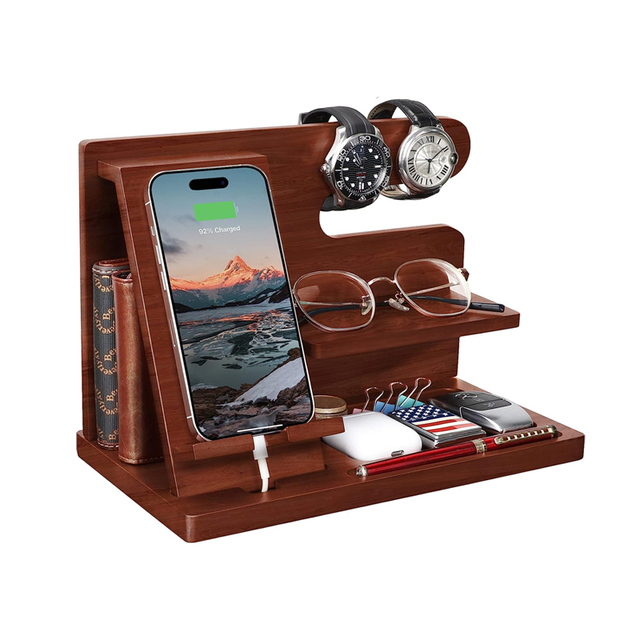 Wood Phone Docking Station Gifts for Husband Nightstand Organizer Cell Phone Stand Watch Holder Wallet Station Desk Organizers
