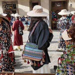 Sac fourre-tout ethnique d'été grande capacité en polyester tissé, style bohème tribal vintage, avec fermeture éclair, pour femme, antivol - Product Image 2