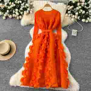 Vestido midi plisado elegante de primavera con cuello redondo, tejido transpirable, antiestático, corte A, ajustado, para mujer, cintura imperio, encaje 3D - Product Image 4