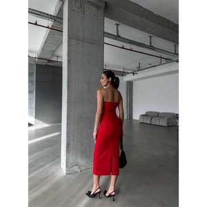 Vestido de Gala Rojo sin Tirantes, Tejido a Crochet, con Decoración de Lentejuelas, Cintura Imperio, Largo hasta el Suelo, Talla XS para Mujer - Product Image 2