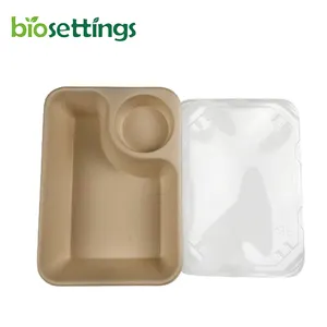 850ml Compostable Airline Disposable Fruit Honey Or Dressing Salad Bagasse Pulp Container Disposable With Dome Lid Salad Box