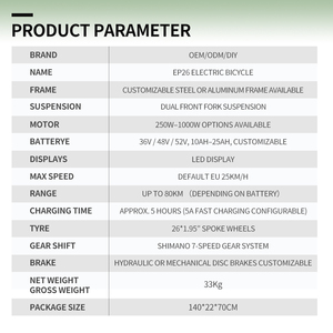 Vélo électrique hybride GOKEEP EP26, Ebike 250W 48V, vélo de banlieue pour adultes, 26 pouces, vitesses Shimano, frein à disque, assistance au pédalage, usine OEM ODM - Product Image 6