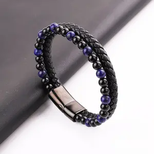 Stone Bracelet Men High Quality Men Jewelry Bracelet Natural Stone Handmade Stainless Steel Magnet Clasp Real Genuine Leather JBS11429 Bracelet Men