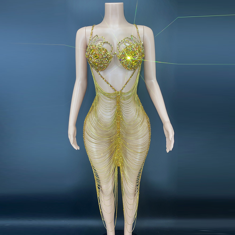 Блестящая одежда, лиф со стразами, аппликация, золотые цепочки на все тело, роскошное Клубное бальное платье со стразами, сексуальное Золотое Платье на цепочке