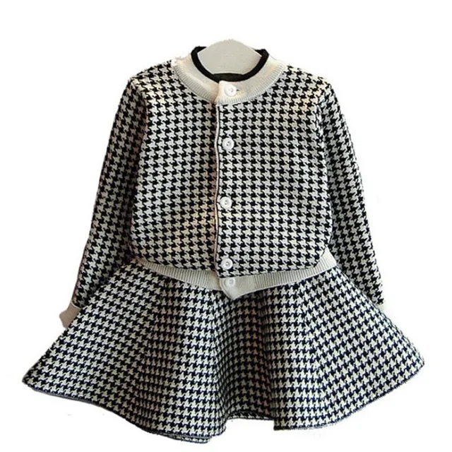 Spring and autumn new Korean children's clothing girls' knitted skirt suit and plaid sweater two-piece children's suit
