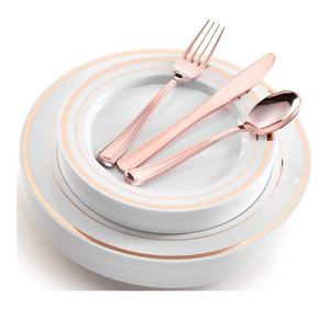 disposable party camping dinnerware/tableware set spoon fork knife plate cup napkin plastic golden silvery heavy duty