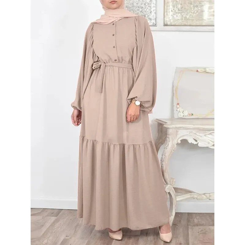 हॉट सेलिंग 2024 नई महिलाओं की मध्य पूर्व सरासर पोशाक अबाया कपड़े बेल्ट के साथ ठोस रंग गोल गर्दन लंबी आस्तीन वाला वस्त्र