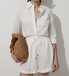 Ensemble 2 pièces en lin et coton personnalisable avec logo pour femme, chemise et short adaptés au bureau, vêtements d'été pour femme 2025 - Product Image 2