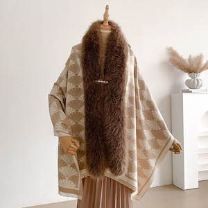 Chal de Invierno de Marca de Lujo para Mujer, Diseño Geométrico de Animales, Sensación de Cachemira, Chal Poncho con Cuello de Piel Sintética para Fiesta - Product Image 5