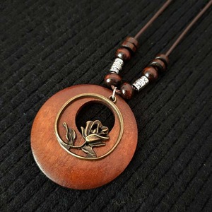 2026 autunno retrò Vintage rotondo in legno naturale antico rame placcato gufo fiore albero della vita autunno foglia collana per gli uomini delle donne - Product Image 4