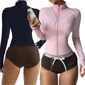 Abrigo de gimnasio suave de nuevo diseño para mujer, chaqueta deportiva adelgazante de manga larga con cremallera completa y agujeros para el pulgar, cuello transpirable - Product Image 1