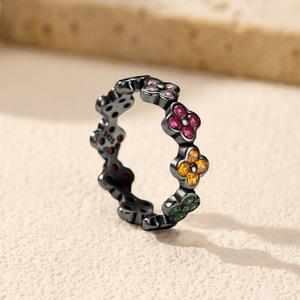 S925 Silver Flower Shape <b>Ring</b> Black Rhodium Plated <b>Crystal</b> Rhinestone Bezel Setting Unisex Cute Everyday Wear - Product Image 4