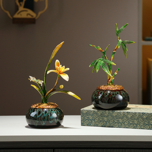 Ornement en céramique et bambou, pot émaillé, symbole de prospérité, décoration porte-bonheur pour salon, entrée, meuble TV - Product Image 5