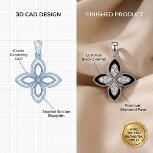 Opulento Colgante Cuadrilobular de Oro Sólido de 9K/14K/18K con Esmalte Negro y Diamantes de Laboratorio Engastados a Mano para Regalo - Product Image 1