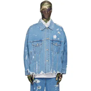 Fashion Frayed Edge At Hem Distressed Blue Fading Throughout Denim Jeans Jacket For Men