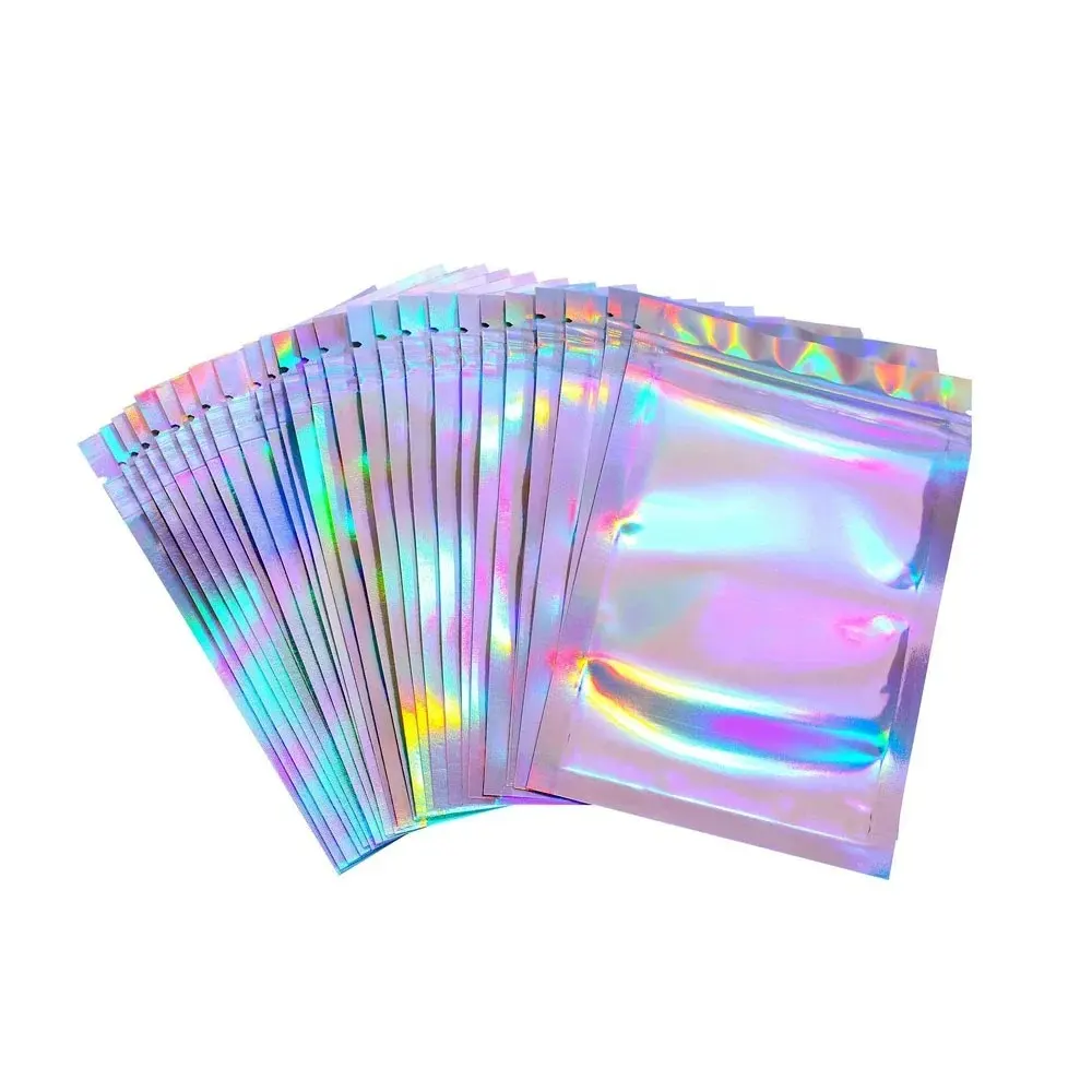 Customized Holographic Bags Cosmetic Packaging pouches Resealable Smell Proof Bag for Lip Gloss lesar Mylar Bags