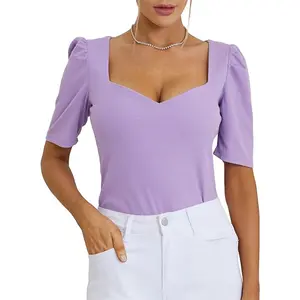 High Quality Shirt Square V Neck Shirt Womens Puff Short Sleeve Knit Summer T-Shirt Tops