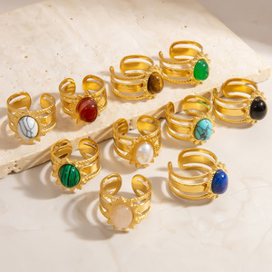 Anillos de Moda Color Dorado con Piedra Natural, Banda Ajustable, Joyería Unisex para Fiesta, Diseño Geométrico, Engaste de Bisel, Origen Yiwu - Product Image 1