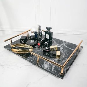 Wholesale <strong>Marble</strong> <strong>Tray</strong> Bathroom Storage Service <strong>Tray</strong> Dresser Jewelry Black Rectangle With Gold Handle <strong>Tray</strong> - Product Image 3