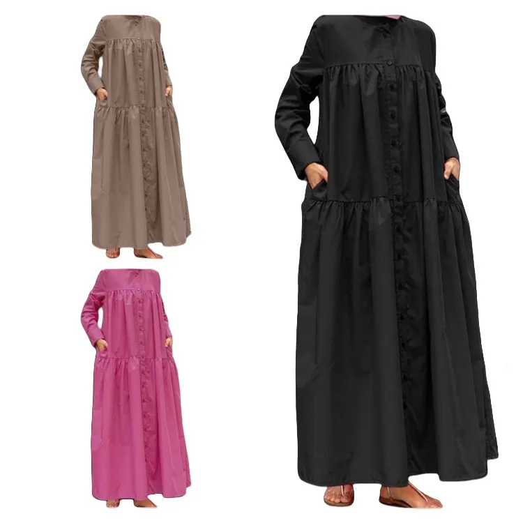 Temperament casual cardigan stand collar long solid color cotton linen dress Malay Indonesian Muslim women burqa Kaftan