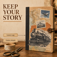 LABON Journal de voyage vintage personnalisé A5, couverture en tissu kraft et denim, avec poches pour collage, cartes déchirées, timbres-poste, dentelle et boutons