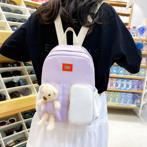 Clbd Nylon <b>Backpack</b> 15 Inches Solid Color With Bear Plush Toy For <b>Student</b> School Use - Product Image 1